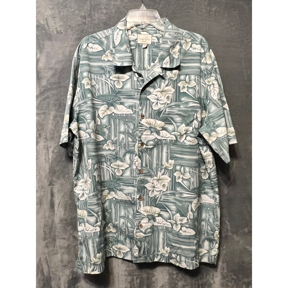 Trader Bay Mens XL Sage Green Tropical Floral Bamboo Print Hawaiian Shirt XL